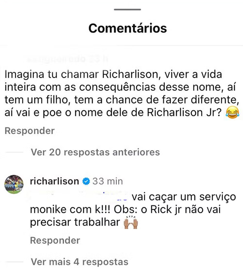 Richarlison rebateu mulher após comentário sobre o nome do seu filho - Foto: Reprodução/ Instagram@richarlison