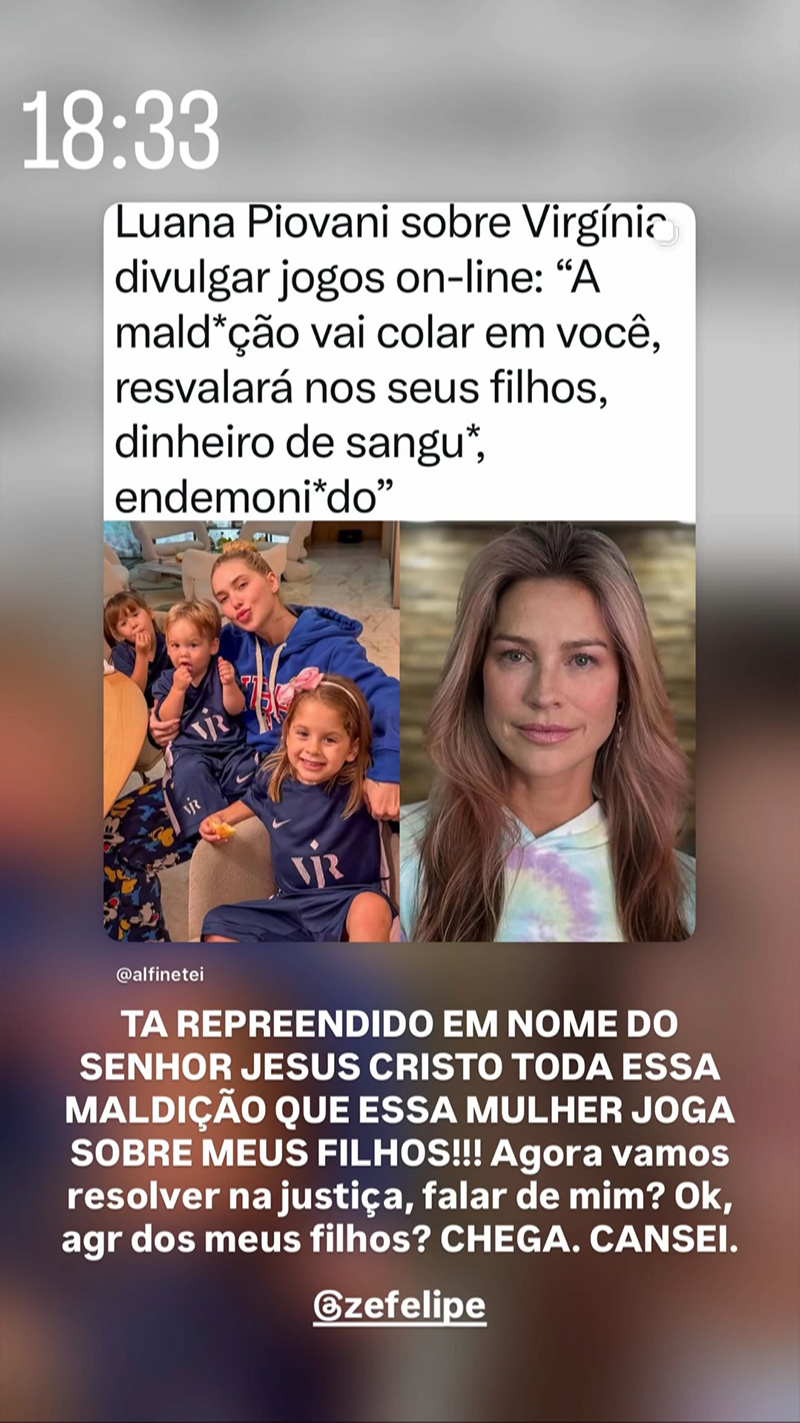 Virginia reagiu após comentário de Luana Piovani - Foto: Reprodução/ Instagram@virginia