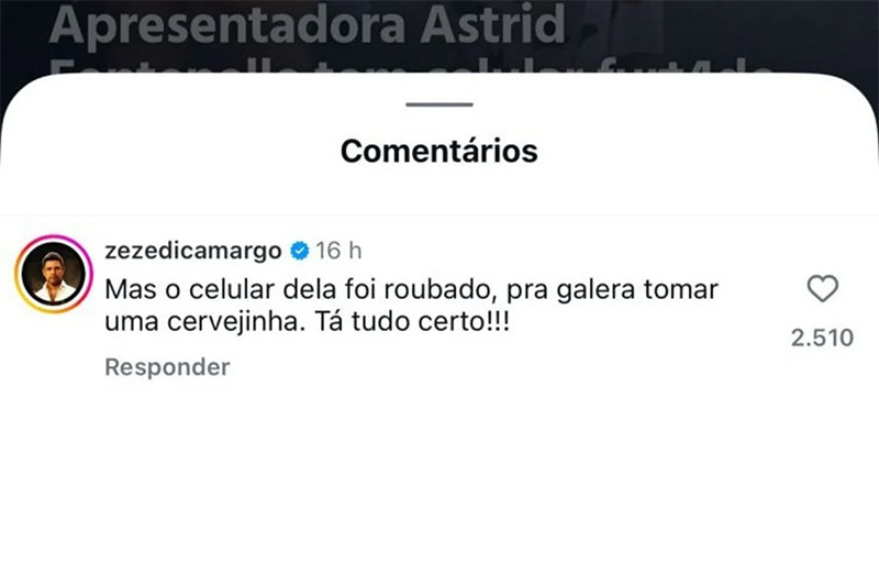 Zezé Di Camargo alfinetou Astrid após apresentadora ter o celular furtado - Foto: Reprodução/ Instagram